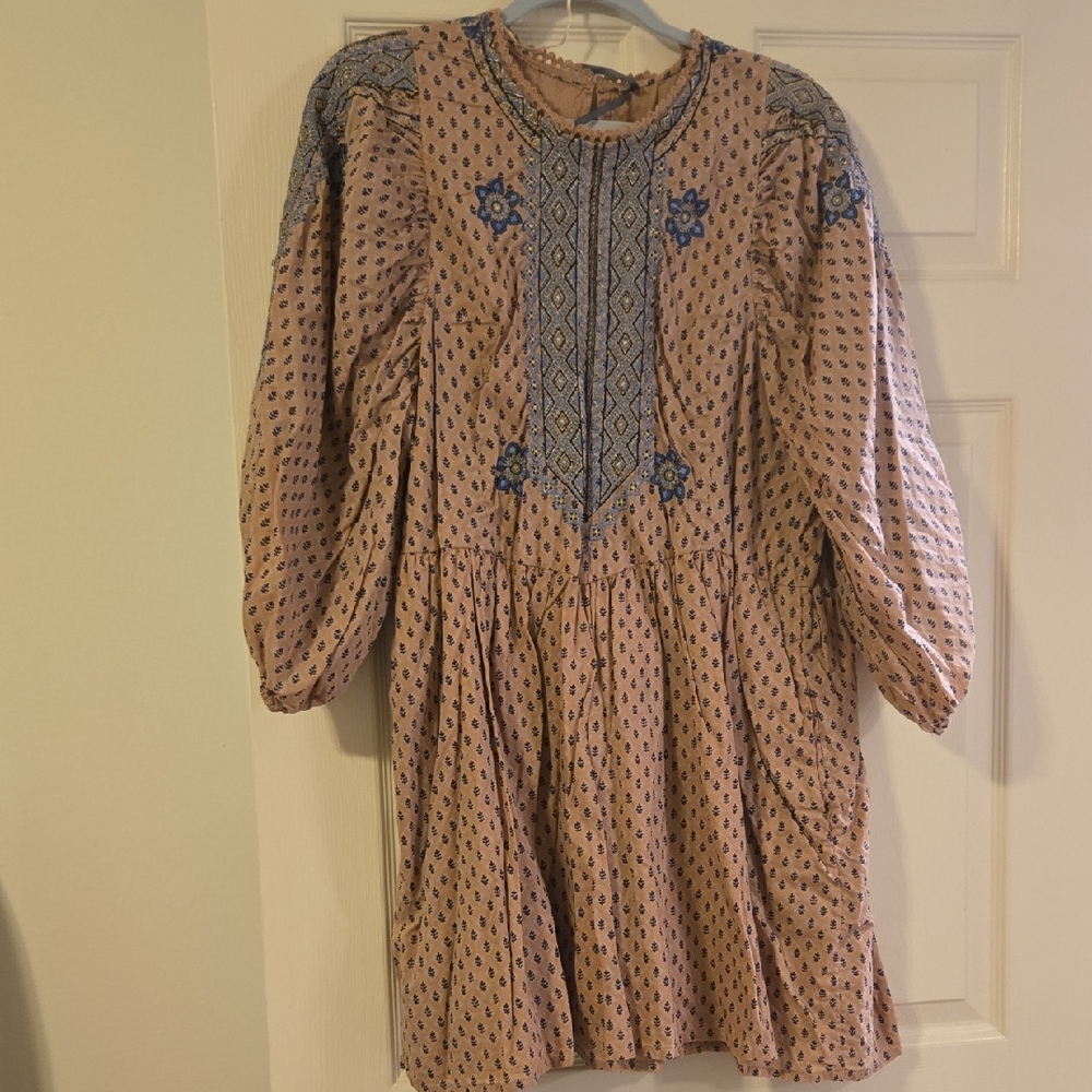 Anthropologie Embroidered Top with Blue and Gold Accents